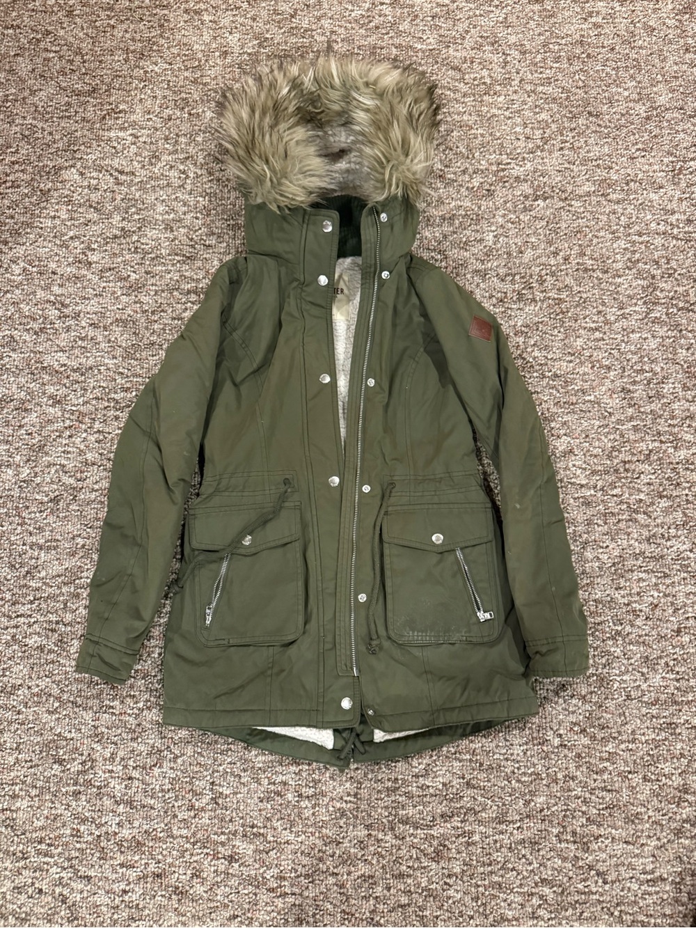 Hollister Olive Green Faux-Fur Hood Ski Jacket